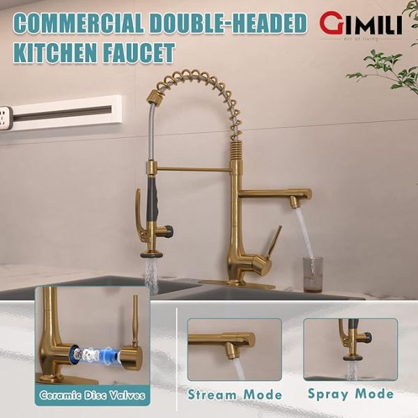 GIMILI Brushed Gold Kitchen Faucet with Pull Down Sprayer Single Handle
